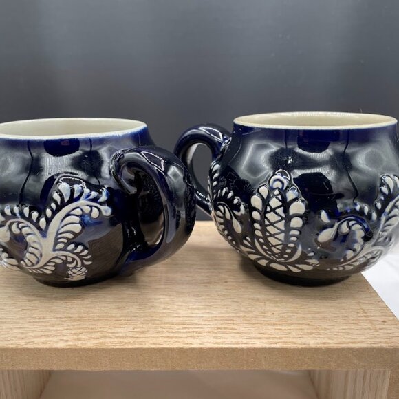 Set of 4 Wick-Werke Germany Cobalt Blue Mugs Cups Floral Leaves Pineapples - Picture 2 of 15